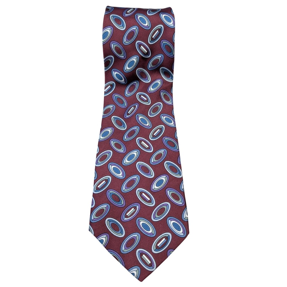 Hanley & Scott 100% Silk Geometric Oval Pattern Blue White burgundy background